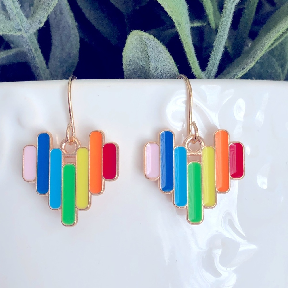 New Techno Striped Rainbow Heart Handmade Enamel Dangle Drop Earrings Pride Love